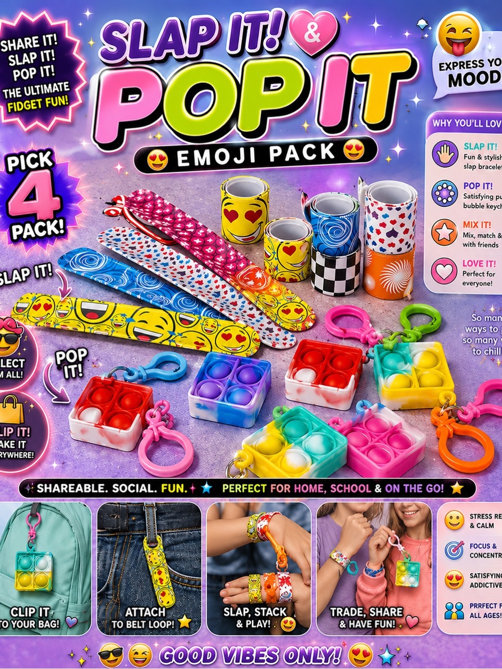 Slap It & Pop It Emoji Pack Kids Fidget Mix n Match Pack - 4 ct